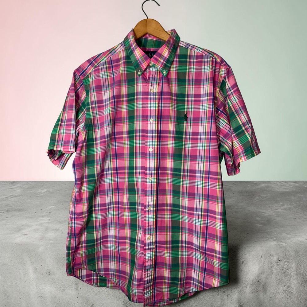Ralph Lauren Mens Classic Fit Plaid Short Sleeve Button Down Shirt Pink Green L
